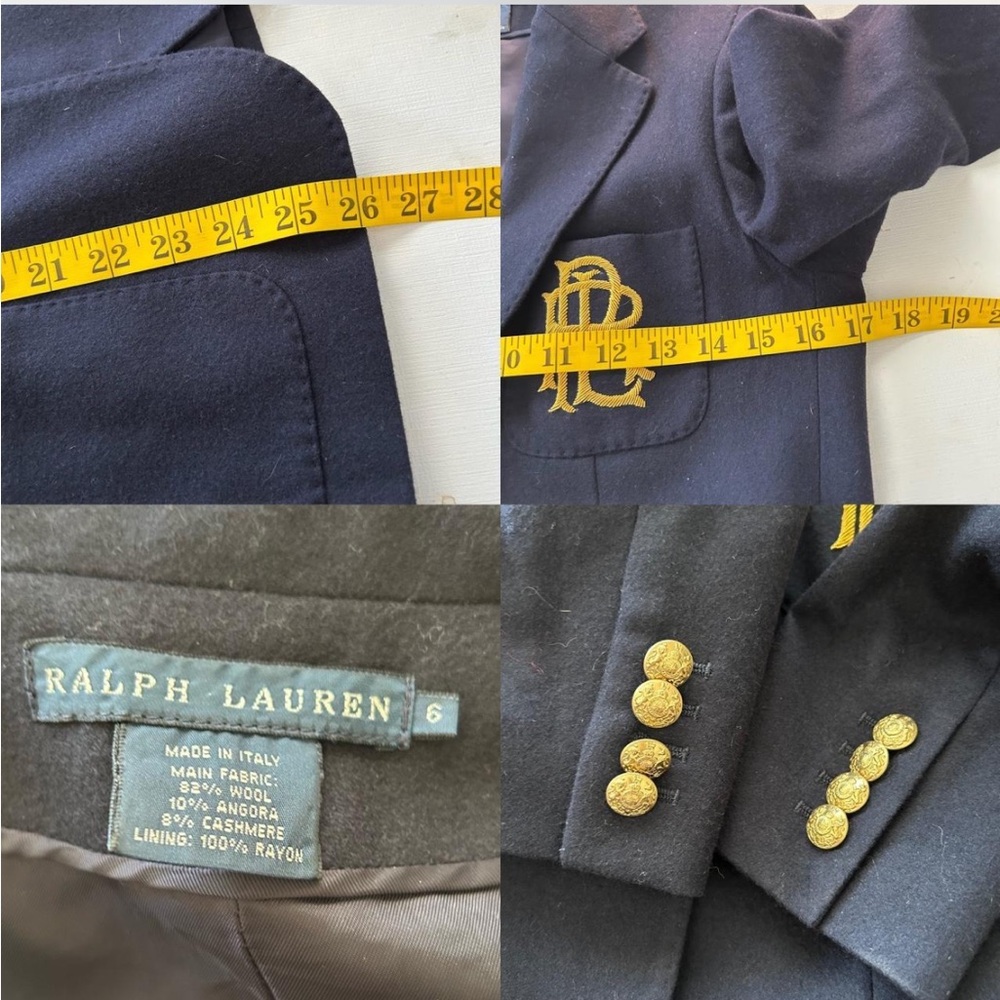 Navy blue Ralph Lauren blazer wool cashmere with gold embroidered monogram. - Picture 7 of 8